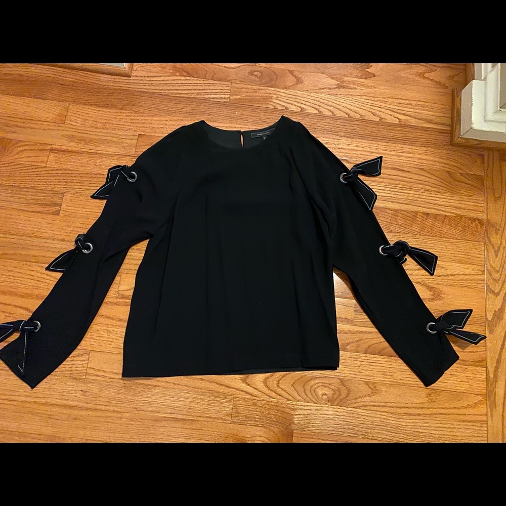 BCBGMaxAzria Black Long Sleeve Tie-Sleeve Blouse